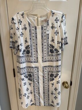 LOFT White Shift Dress with Navy Bandana Motif